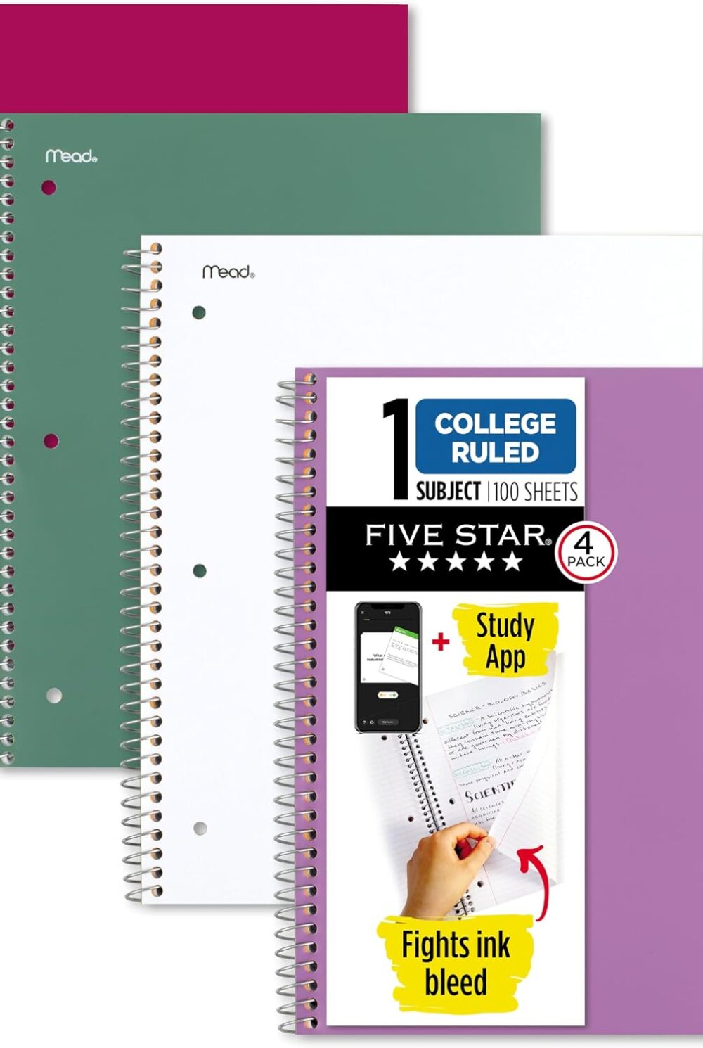 Five Star Spiral Notebook + Study App, 100 Sheets, 1 Subject, College Ruled Paper, Fights Ink Bleed, Water Resistant Cover, 820337-ECM, Purple, Pink, White & Green, 8-1/2" x 11", 4 Pack